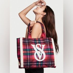 Victoria's Secret Faux Fur Sherpa Plaid Flannel Large Tote Bag